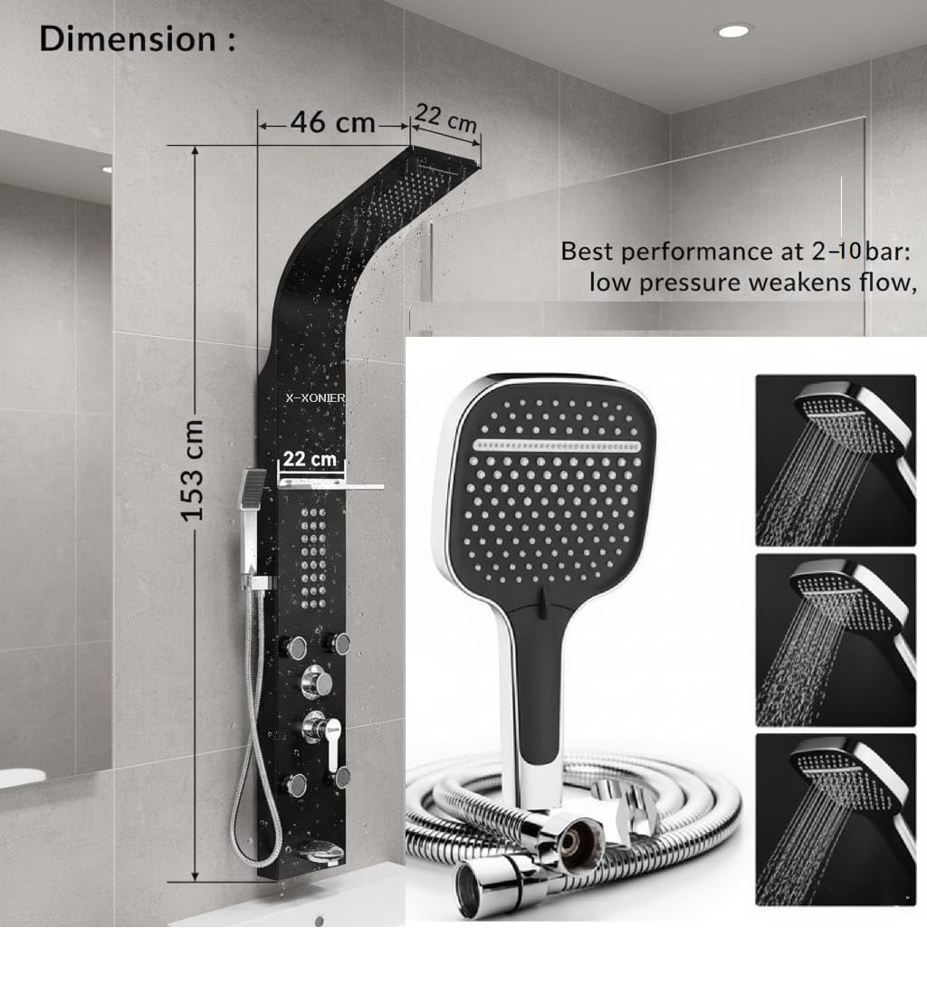 X-XONIER Stainless Steel 304 Grade Thermostatic Shower Panel 8in1+3 Ways Extra Large Handheld set,Health Faucet With LED Rainfall, Waterfall, Body Massager, 6 Mist Spray Temp. Display Silver - Image 5