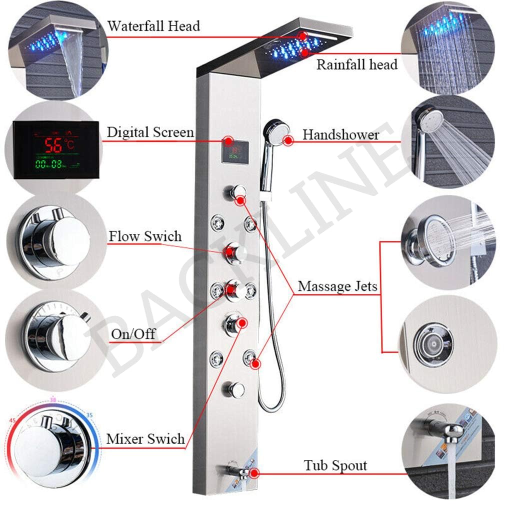 Backline 7-in-1 Multifunction Thermostatic Shower Panels | SS 304 Grade with LED Rainfall, 8 Body Jets Rotatble, Hand Shower, Water Spout, Hot & Cold Mixer | Shower Panel For Bathroom (Brushed Matt) - Image 6