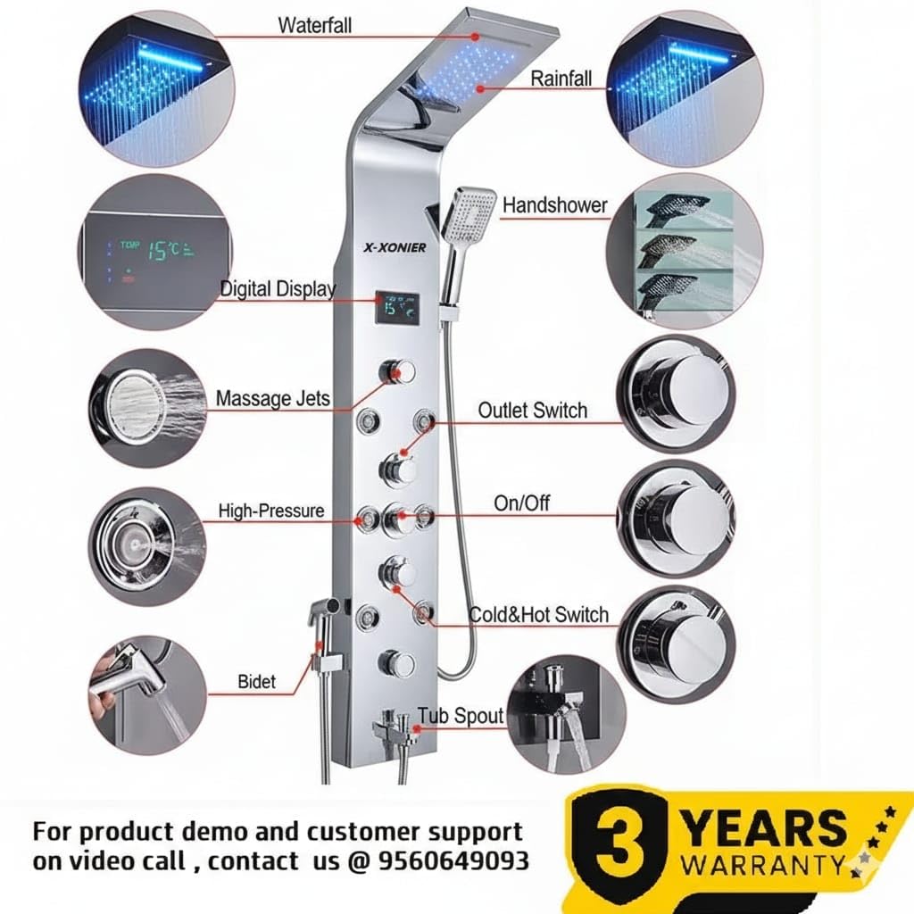 X-XONIER Stainless Steel 304 Grade Thermostatic Shower Panel 8in1+3 Ways Extra Large Handheld set,Health Faucet With LED Rainfall, Waterfall, Body Massager, 6 Mist Spray Temp. Display Silver - Image 3