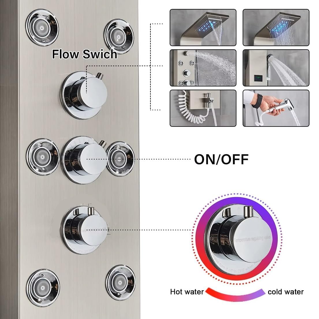 X-XONIER Stainless Steel 304 Grade Thermostatic Shower Panel 8in1+3 Ways Extra Large Handheld set,Health Faucet With LED Rainfall, Waterfall, Body Massager, 6 Mist Spray Temp. Display Silver - Image 4