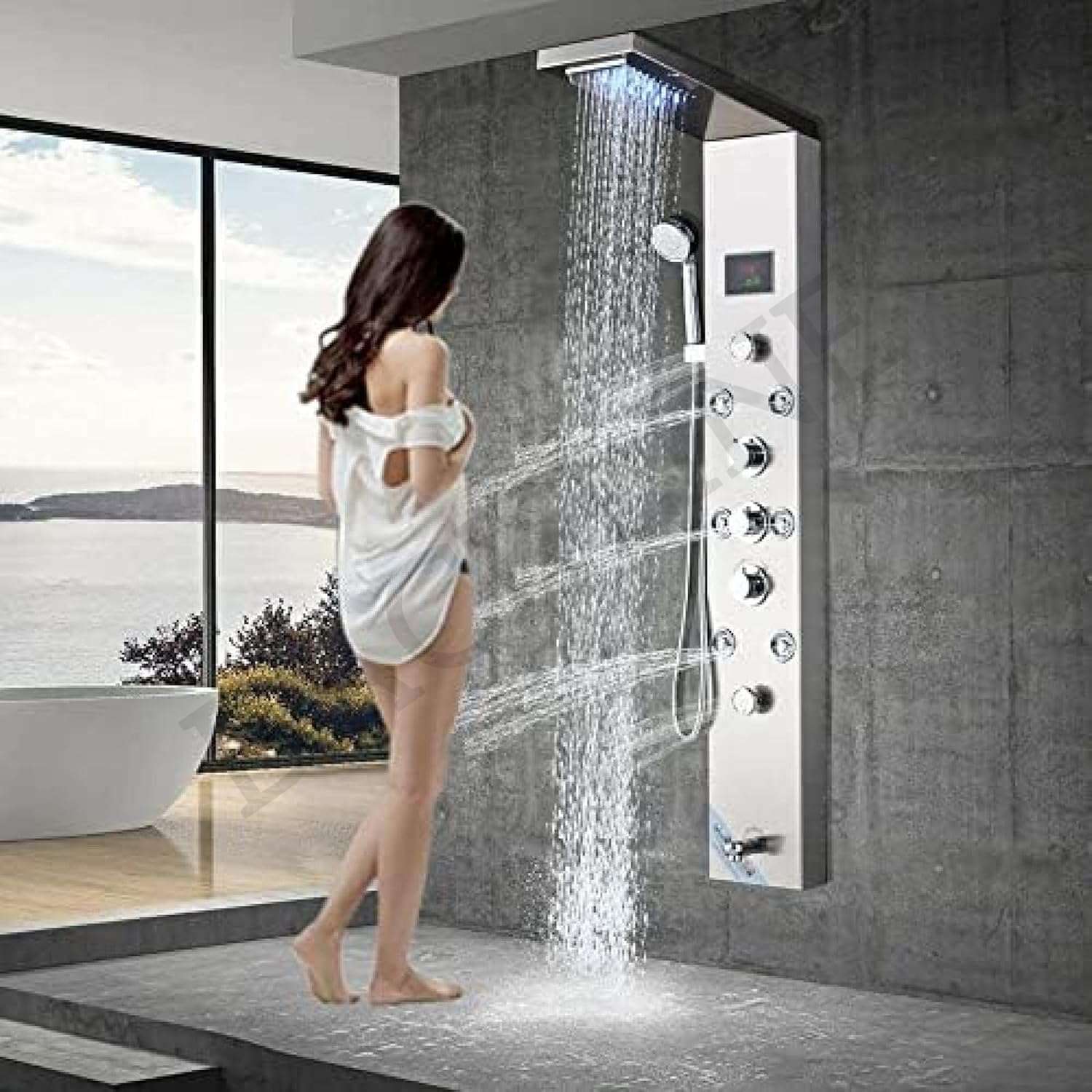 Backline 7-in-1 Multifunction Thermostatic Shower Panels | SS 304 Grade with LED Rainfall, 8 Body Jets Rotatble, Hand Shower, Water Spout, Hot & Cold Mixer | Shower Panel For Bathroom (Brushed Matt)