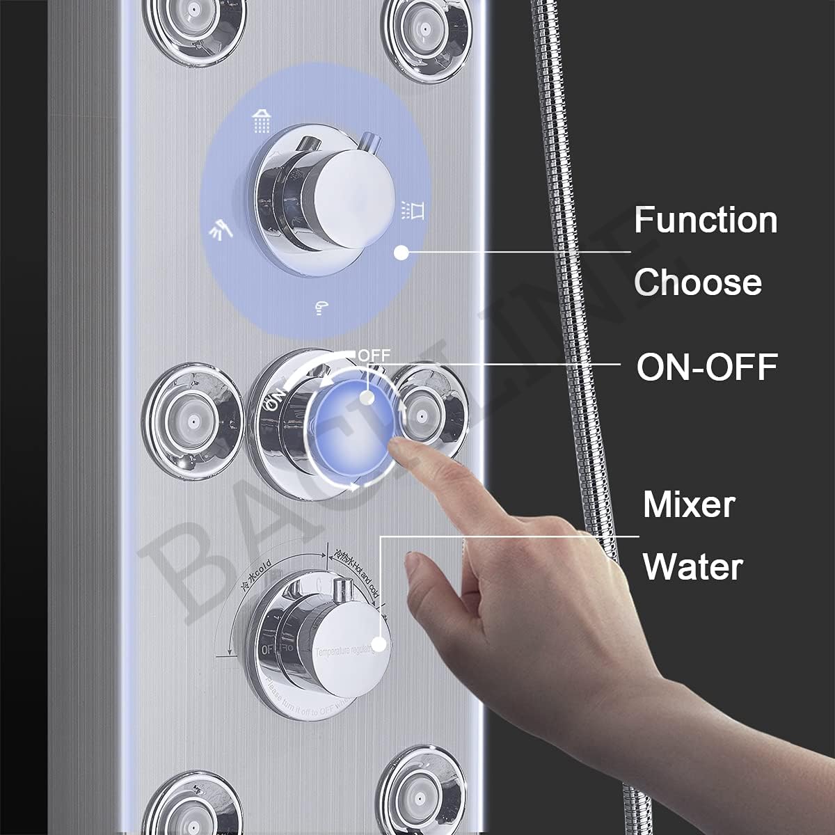 Backline 7-in-1 Multifunction Thermostatic Shower Panels | SS 304 Grade with LED Rainfall, 8 Body Jets Rotatble, Hand Shower, Water Spout, Hot & Cold Mixer | Shower Panel For Bathroom (Brushed Matt) - Image 7