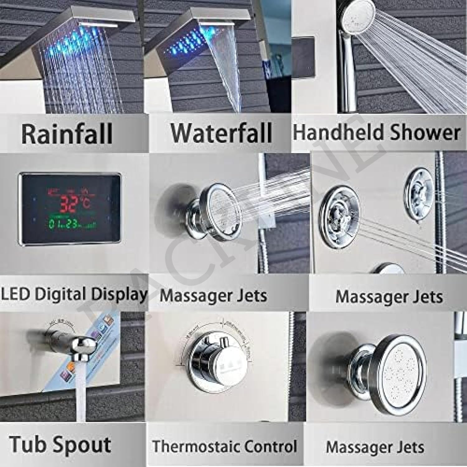 Backline 7-in-1 Multifunction Thermostatic Shower Panels | SS 304 Grade with LED Rainfall, 8 Body Jets Rotatble, Hand Shower, Water Spout, Hot & Cold Mixer | Shower Panel For Bathroom (Brushed Matt) - Image 4