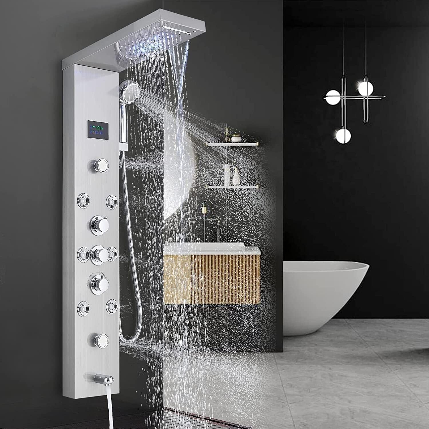 Backline 7-in-1 Multifunction Thermostatic Shower Panels | SS 304 Grade with LED Rainfall, 8 Body Jets Rotatble, Hand Shower, Water Spout, Hot & Cold Mixer | Shower Panel For Bathroom (Brushed Matt) - Image 3