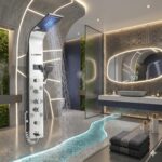 X-XONIER Stainless Steel 304 Grade Thermostatic Shower Panel 8in1+3 Ways Extra Large Handheld set,Health Faucet With LED Rainfall, Waterfall, Body Massager, 6 Mist Spray Temp. Display Silver