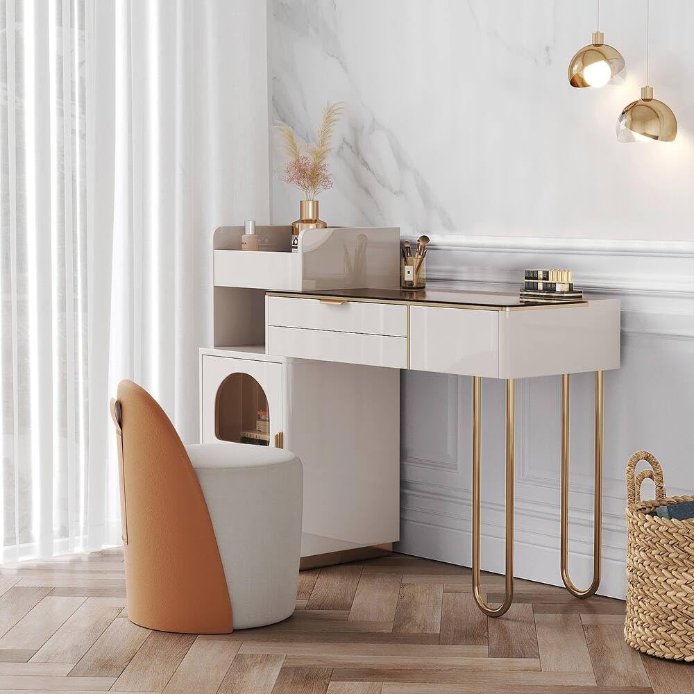 Vandana Interiors Modern 35.4" Luxury Makeup Vanity Dressing Table with Drawers, Stainless Steel Base and Tempered Glass Top White
