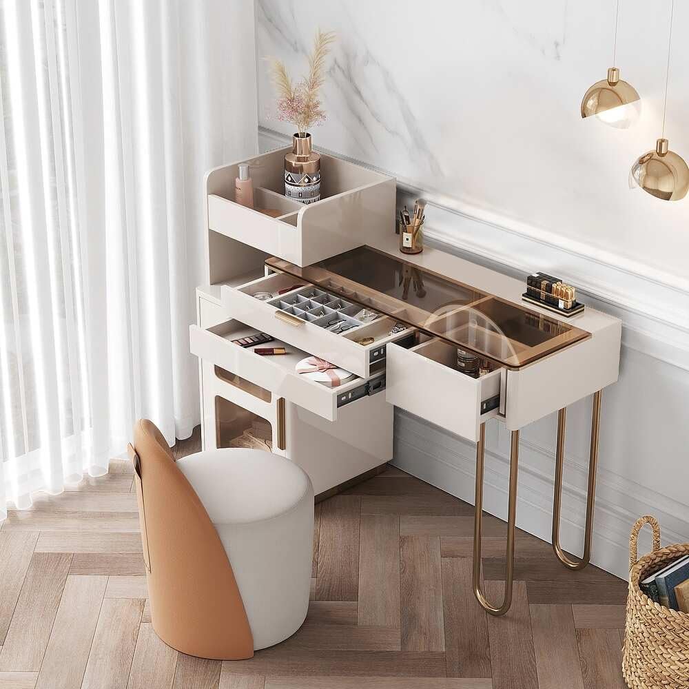 Vandana Interiors Modern 35.4" Luxury Makeup Vanity Dressing Table with Drawers, Stainless Steel Base and Tempered Glass Top White - Image 6